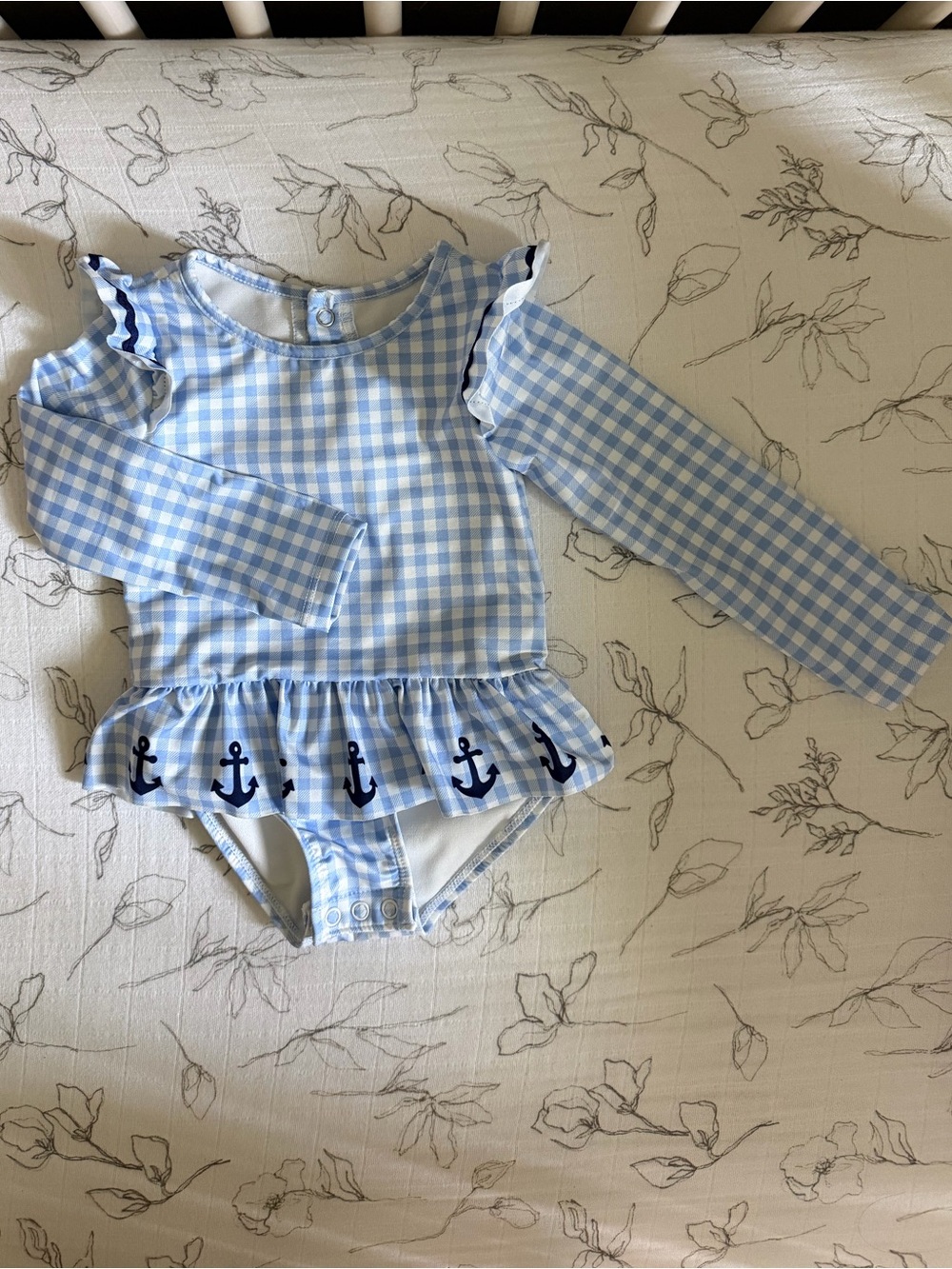 Sperry Baby Blue Gingham Ruffle Swimsuit with Anchor Trim 12 month
